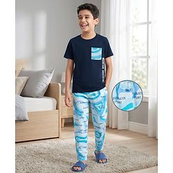 Pine Kids Single Jersey Knit Half Sleeves T-Shirt & Pyjama Night Suit with Text & Marble Print -  Navy Blue