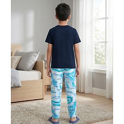 Pine Kids Single Jersey Knit Half Sleeves T-Shirt & Pyjama Night Suit with Text & Marble Print -  Navy Blue