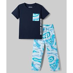 Pine Kids Single Jersey Knit Half Sleeves T-Shirt & Pyjama Night Suit with Text & Marble Print -  Navy Blue