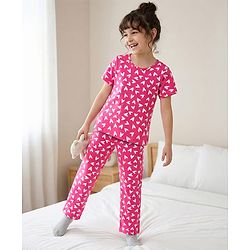 Pine Kids  Single Jersey Knit Half Sleeves Co-ords Night Suit with Heart Print - Pink