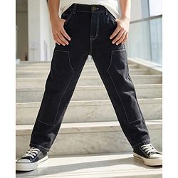 Pine Kids Cotton Woven Full Length Solid Color Jeans - Black