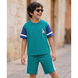 Pine Kids Looper Knit Half Sleeves T-Shirt & Shorts Set With LA Embroidery - Teal Blue