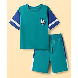 Pine Kids Looper Knit Half Sleeves T-Shirt & Shorts Set With LA Embroidery - Teal Blue