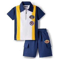 Pine Kids Looper Knit Half Sleeves Polo T-Shirt & Shorts Set With Patch Detailing - White & Navy Blue