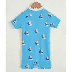 Pine Kids Half Raglan Sleeves Nautical Theme Printed Legged Swimsuit - Light Blue