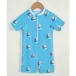 Pine Kids Half Raglan Sleeves Nautical Theme Printed Legged Swimsuit - Light Blue