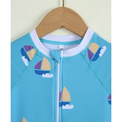 Pine Kids Half Raglan Sleeves Nautical Theme Printed Legged Swimsuit - Light Blue