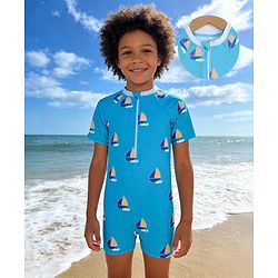 Pine Kids Half Raglan Sleeves Nautical Theme Printed Legged Swimsuit - Light Blue