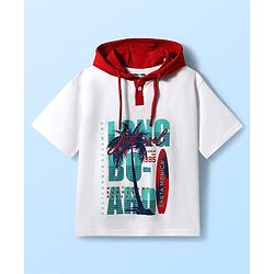 Pine Kids Looper Knit Half Sleeves Hooded T-Shirt & Shorts Set With Surfing Print - White & Red