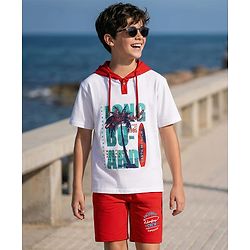 Pine Kids Looper Knit Half Sleeves Hooded T-Shirt & Shorts Set With Surfing Print - White & Red