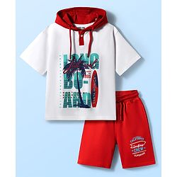 Pine Kids Looper Knit Half Sleeves Hooded T-Shirt & Shorts Set With Surfing Print - White & Red