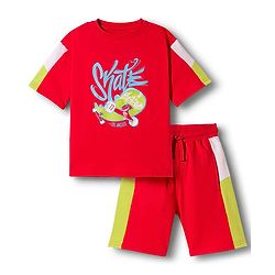 Pine Kids Looper Knit Half Sleeves T-Shirt & Shorts Set With Skateboarding Print - Red