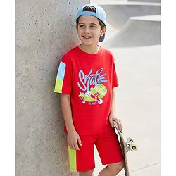 Pine Kids Looper Knit Half Sleeves T-Shirt & Shorts Set With Skateboarding Print - Red