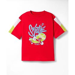Pine Kids Looper Knit Half Sleeves T-Shirt & Shorts Set With Skateboarding Print - Red
