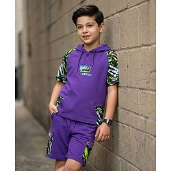 Pine Kids Looper Knit Half Raglan Sleeves Printed Hooded T-Shirt & Shorts Set - Purple