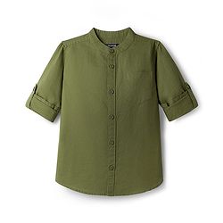 Pine Kids Linen Woven Full Sleeves Solid Shirt - Green