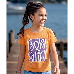 Pine Kids Cotton Knit Half Sleeves T-Shirt With Text Print - Orange