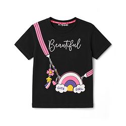 Pine Kids Cotton KnitHalf Sleeves  T-Shirt With Rainbow Bag Print - Black
