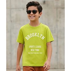 Pine Kids Cotton Knit Half Sleeves T-Shirt With Text Print - Green