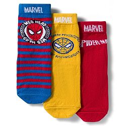 Pine Kids Marvel Non Terry Knit Ankle Length Anti Bacterial Socks With Spider-Man Graphics Pack of 3 - Red Yellow & Blue