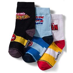Pine Kids Marvel Non Terry Knit Ankle Length Anti Bacterial Socks With Avengers Graphics Pack of 3 - Black Light Blue & White