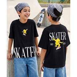 Pine Kids Cotton Knit Half Sleeves T-Shirt With Skater Print - Black
