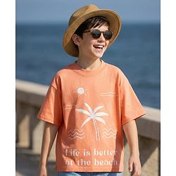 Pine Kids 100% Cotton Knit Half Sleeves Beach Theme Printed T-Shirt - Orange