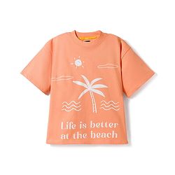 Pine Kids 100% Cotton Knit Half Sleeves Beach Theme Printed T-Shirt - Orange