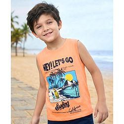 Pine Kids Cotton Knit Sleeveless T-Shirt with Beach Theme Print - Orange