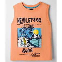 Pine Kids Cotton Knit Sleeveless T-Shirt with Beach Theme Print - Orange