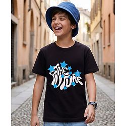 Pine Kids Cotton Knit Half Sleeves T-Shirt With Text Print - Black