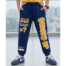 Pine Kids Terry Knit Full Length Lounge Pant with Text Print - Navy Blue