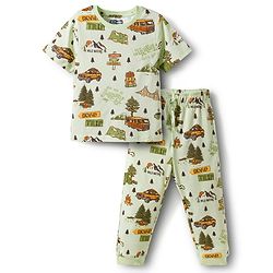 Pine Kids Single Jersey Knit Half Sleeves T-Shirt & Lounge Pant With Vehicle Print - Cream