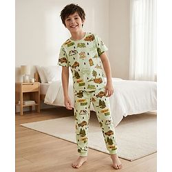 Pine Kids Single Jersey Knit Half Sleeves T-Shirt & Lounge Pant With Vehicle Print - Cream