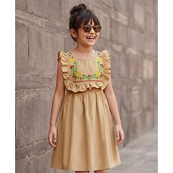 Pine Kids Cotton Woven Frill Sleeves Frock With Floral Embroidery - Tan