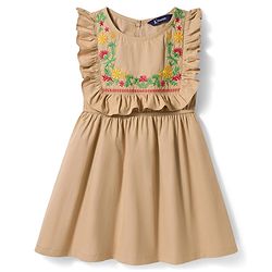 Pine Kids Cotton Woven Frill Sleeves Frock With Floral Embroidery - Tan