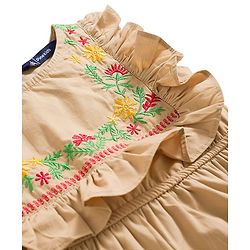 Pine Kids Cotton Woven Frill Sleeves Frock With Floral Embroidery - Tan