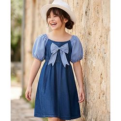 Pine Kids Cotton Woven Half Sleeves Off Shoulder Frock With Bow Applique - Blue