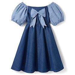 Pine Kids Cotton Woven Half Sleeves Off Shoulder Frock With Bow Applique - Blue
