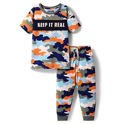 Pine Kids 100% Cotton Knit Half Sleeves Camouflage Printed Co-Ords T-Shirt & Pyjama Night Suit - Multicolour