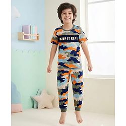 Pine Kids 100% Cotton Knit Half Sleeves Camouflage Printed Co-Ords T-Shirt & Pyjama Night Suit - Multicolour
