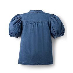 Pine Kids Cotton Woven Half Puffed Sleeves Solid Colour Shirt Style Top - Blue