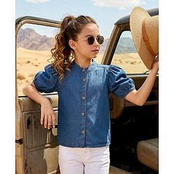 Pine Kids Cotton Woven Half Puffed Sleeves Solid Colour Shirt Style Top - Blue