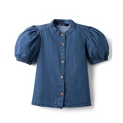 Pine Kids Cotton Woven Half Puffed Sleeves Solid Colour Shirt Style Top - Blue