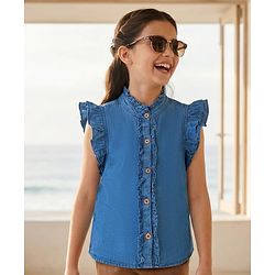 Pine Kids Cotton Woven Frill Sleeves Solid Shirt Style Top - Blue