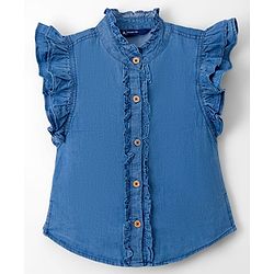 Pine Kids Cotton Woven Frill Sleeves Solid Shirt Style Top - Blue