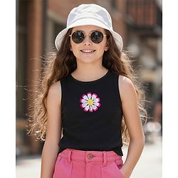 Pine Kids Cotton Lycra Knit Sleeveless Top With Floral Embroidery - Black