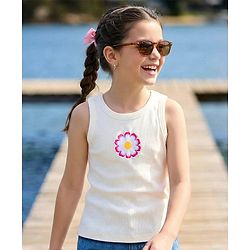 Pine Kids Cotton Lycra Knit Sleeveless Top With Floral Embroidery - Black