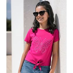 Pine Kids Cotton Knit Half Sleeves Top With Butterfly Print - Dark Pink