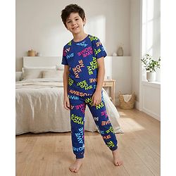 Pine Kids Single Jersey Knit Half Sleeves T-Shirt & Lounge Pant Co-ords Night Suit With Awesome Print - Navy Blue